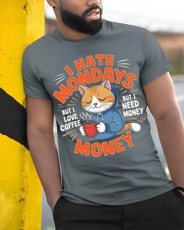 Funny Cat Coffee Monday Graphic T-Shirt - model in grey shirt leaning against column