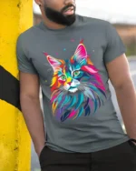 Psychedelic Colorful Cat Face Graphic T-Shirt - model in grey shirt leaning against column
