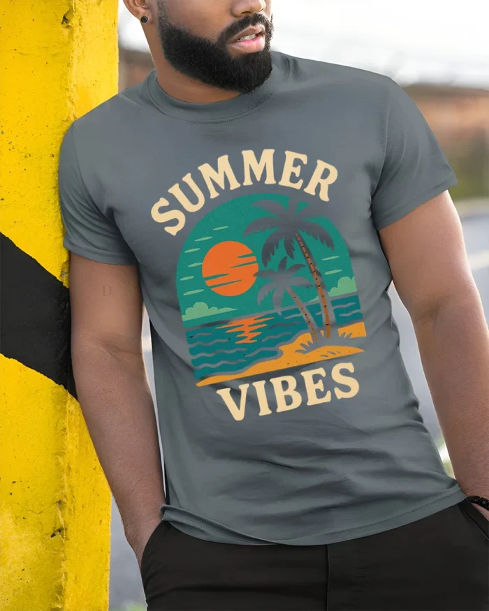 Retro Summer Vibes Sunset Beach Graphic T-Shirt - model in grey shirt leaning against column