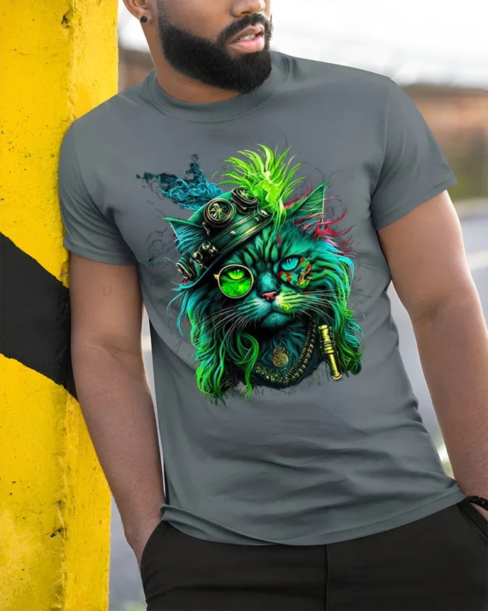 Steampunk Neon Cat Artistic Graphic T-Shirt - model in grey shirt leaning against column