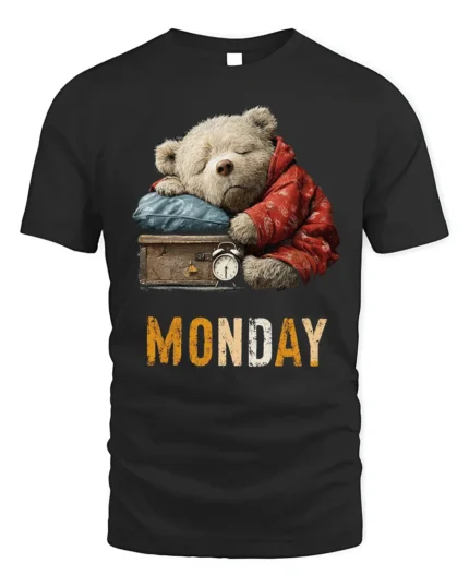 Lazy Monday Bear Graphic Printed T-Shirt for Men - black t-shirt on white background