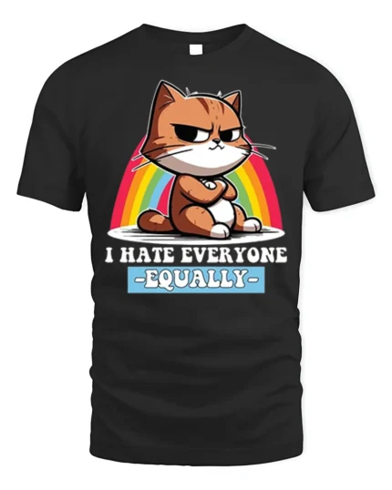 Funny Grumpy Cat I Hate Everyone Equally T-Shirt - black t-shirt on white background