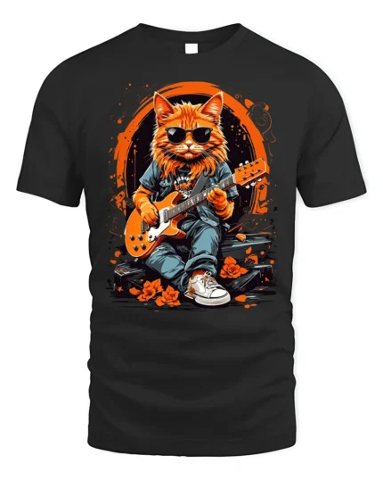 Cool Rock Guitar Cat with Shades Graphic T-Shirt - black t-shirt on white background
