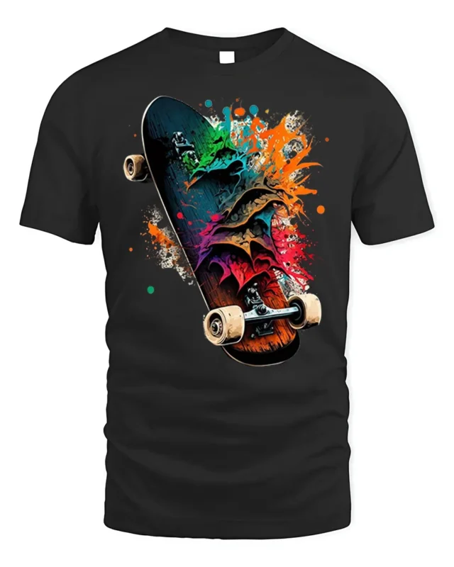 Colorful Skateboard Splash Art Graphic T-Shirt - black t-shirt on white background