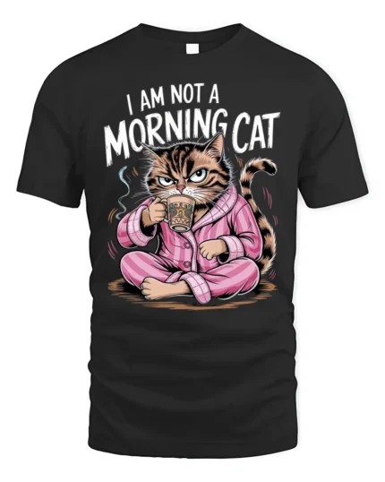 Funny Grumpy Cat Not a Morning Coffee T-Shirt - black t-shirt on white background