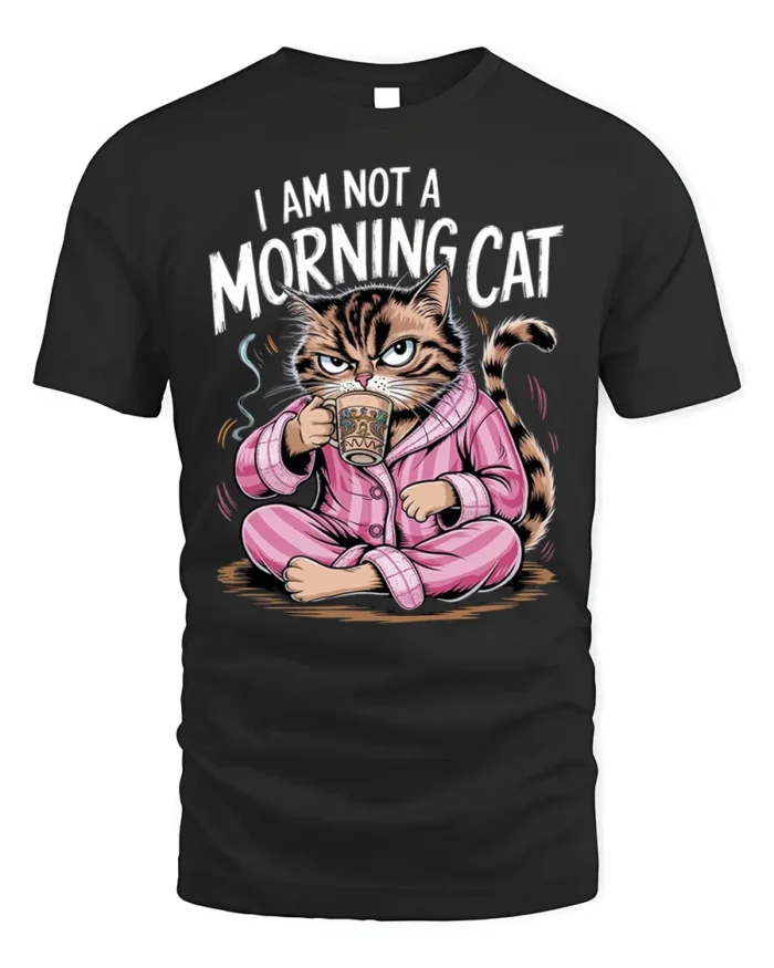 Funny Grumpy Cat Not a Morning Coffee T-Shirt - black t-shirt on white background