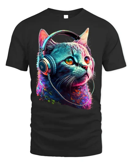 Colorful Cat with Headphones Music Graphic T-Shirt - black t-shirt on white background