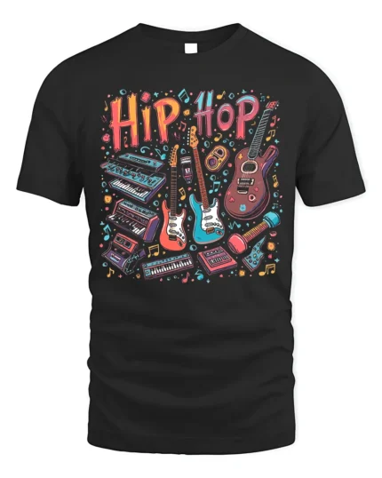 Colorful Hip Hop Music Instrument Graphic T-Shirt - black t-shirt on white background