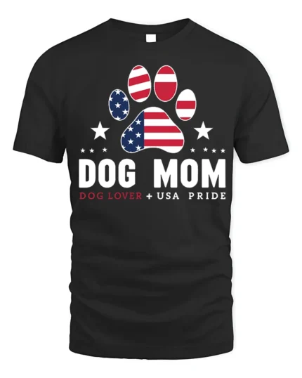 Patriotic Dog Mom USA Flag Paw Print Graphic T-Shirt - black t-shirt on white background