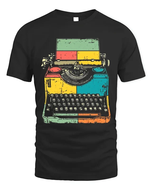 Retro Colorful Typewriter Graphic Printed T-Shirt - black t-shirt on white background