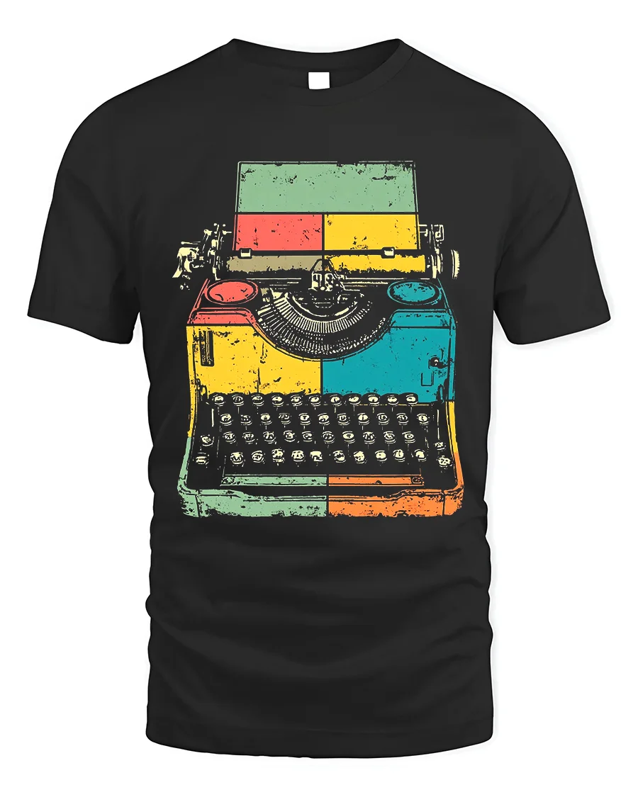 Retro Colorful Typewriter Graphic Printed T-Shirt - 1 Retro Colorful Typewriter Graphic Printed T-Shirt - black t-shirt on white background