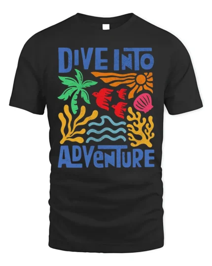 Dive Into Adventure Ocean Graphic Printed T-Shirt - black t-shirt on white background