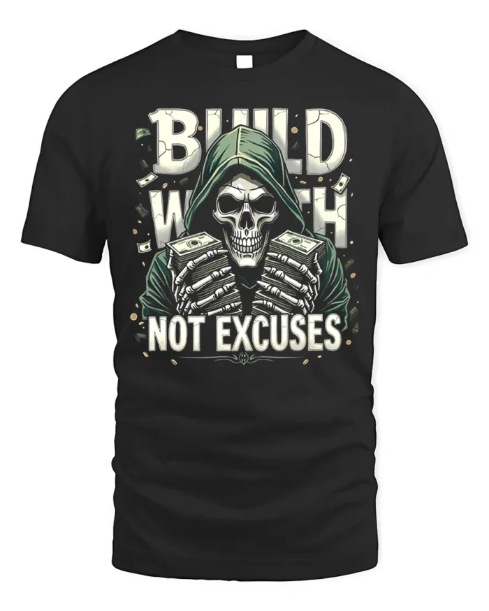 Build Wealth Not Excuses Skull Graphic T-Shirt - black t-shirt on white background