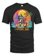 Astronaut Summer Time Surf and Bike Graphic T-Shirt - black t-shirt on white background