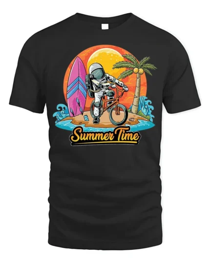 Astronaut Summer Time Surf and Bike Graphic T-Shirt - black t-shirt on white background