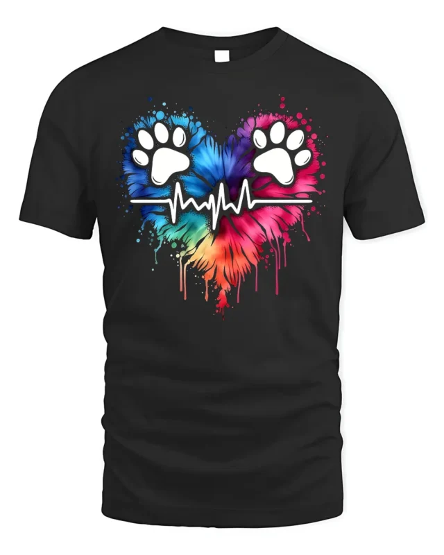 Colorful Paw Heartbeat Pet Lover Graphic T-Shirt - black t-shirt on white background