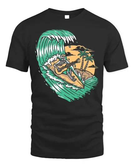 Surfing Skeleton Guitar Tropical Wave Graphic T-Shirt - black t-shirt on white background