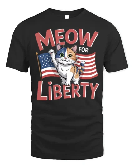 Meow For Liberty Patriotic Cat Graphic T-Shirt - black t-shirt on white background