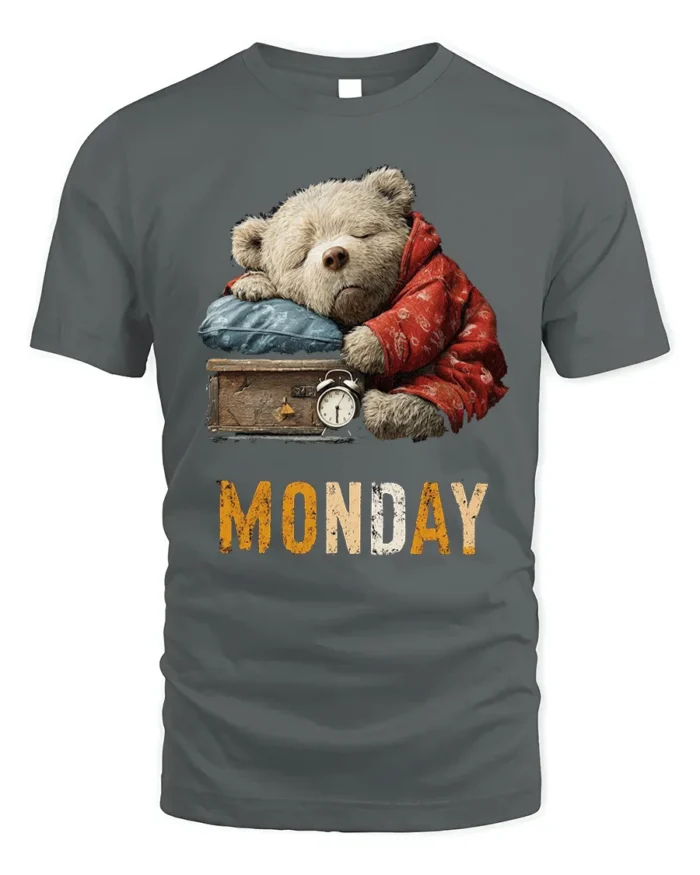 Lazy Monday Bear Graphic Printed T-Shirt for Men - gray t-shirt on white background