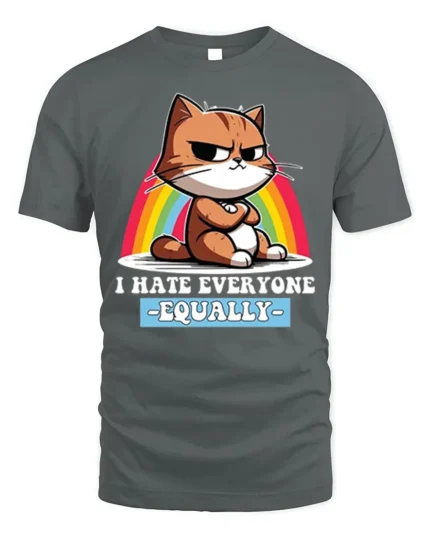 Funny Grumpy Cat I Hate Everyone Equally T-Shirt - gray t-shirt on white background