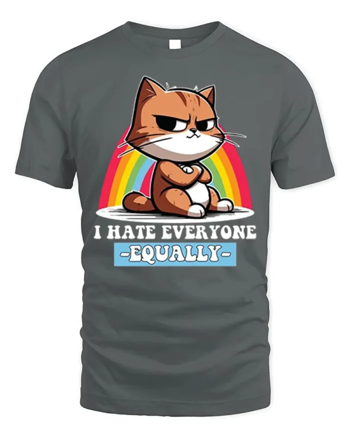 Funny Grumpy Cat I Hate Everyone Equally T-Shirt - gray t-shirt on white background