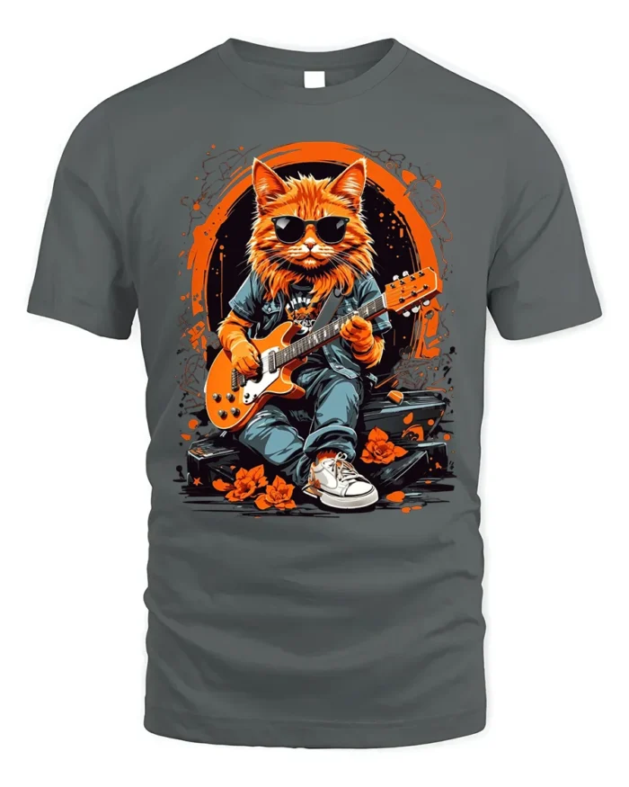 Cool Rock Guitar Cat with Shades Graphic T-Shirt - gray t-shirt on white background