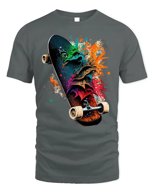 Colorful Skateboard Splash Art Graphic T-Shirt - gray t-shirt on white background