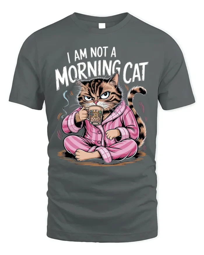 Funny Grumpy Cat Not a Morning Coffee T-Shirt - gray t-shirt on white background