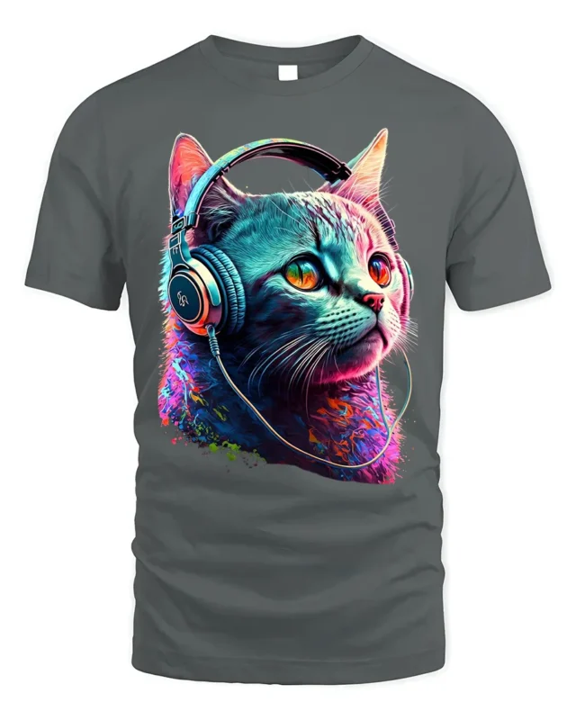 Colorful Cat with Headphones Music Graphic T-Shirt - gray t-shirt on white background