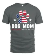 Patriotic Dog Mom USA Flag Paw Print Graphic T-Shirt - gray t-shirt on white background