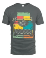 Retro Colorful Typewriter Graphic Printed T-Shirt - gray t-shirt on white background
