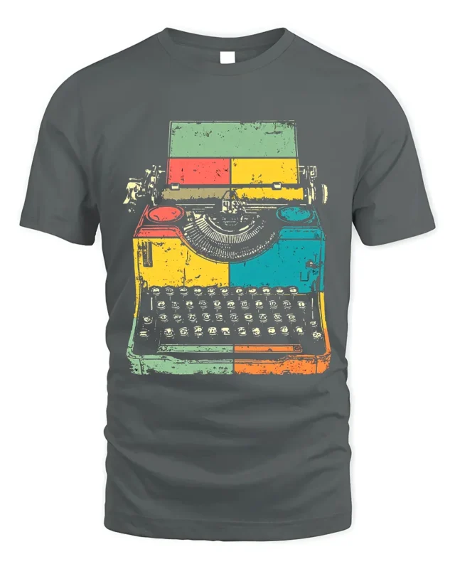 Retro Colorful Typewriter Graphic Printed T-Shirt - gray t-shirt on white background