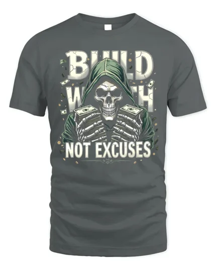 Build Wealth Not Excuses Skull Graphic T-Shirt - gray t-shirt on white background