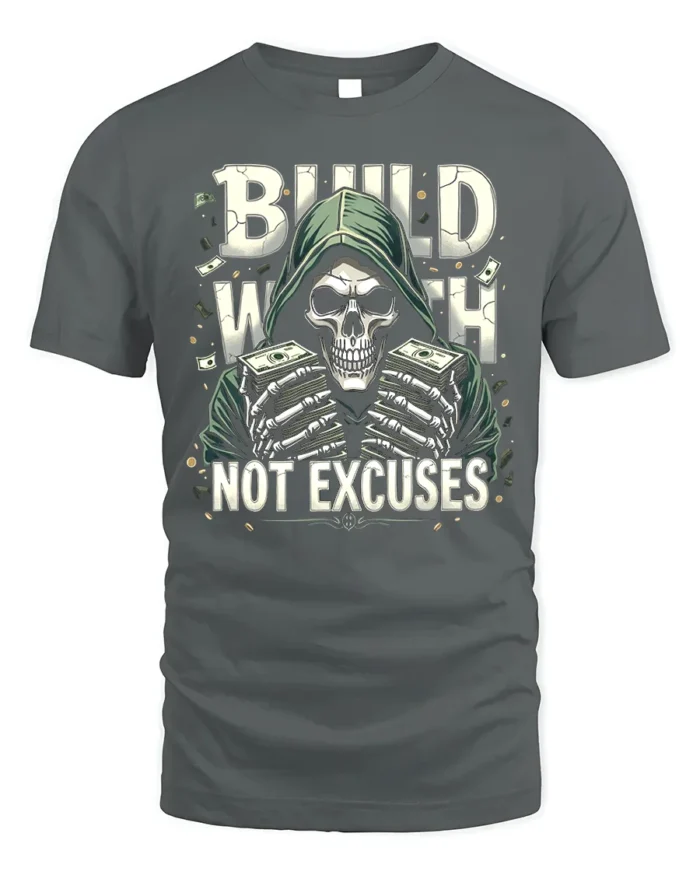 Build Wealth Not Excuses Skull Graphic T-Shirt - gray t-shirt on white background