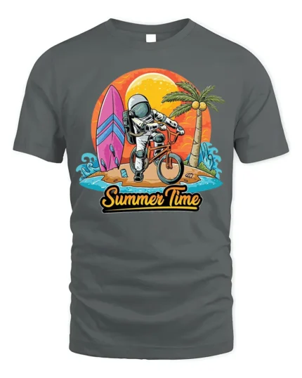 Astronaut Summer Time Surf and Bike Graphic T-Shirt - gray t-shirt on white background