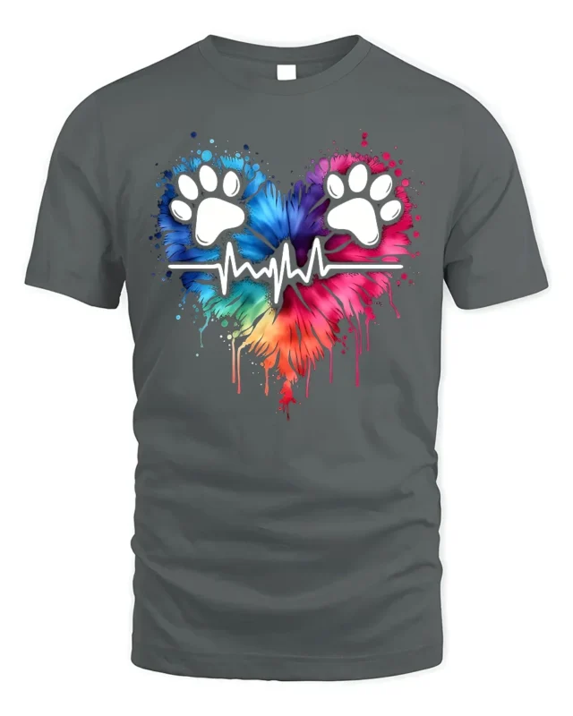 Colorful Paw Heartbeat Pet Lover Graphic T-Shirt - gray t-shirt on white background
