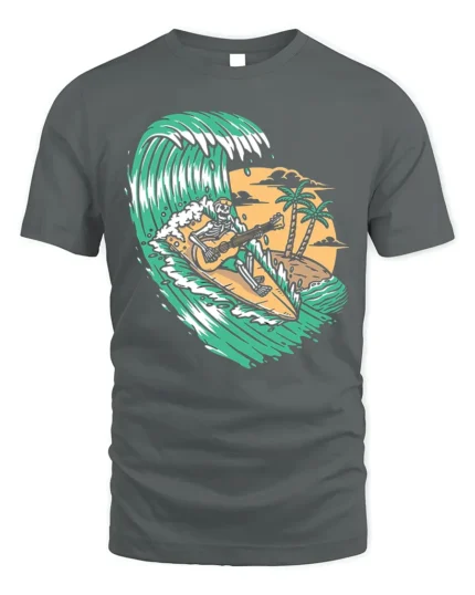 Surfing Skeleton Guitar Tropical Wave Graphic T-Shirt - gray t-shirt on white background