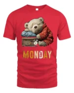Lazy Monday Bear Graphic Printed T-Shirt for Men - red t-shirt on white background