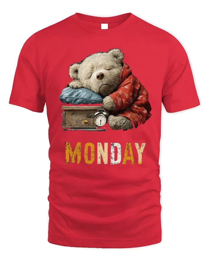 Lazy Monday Bear Graphic Printed T-Shirt for Men - red t-shirt on white background