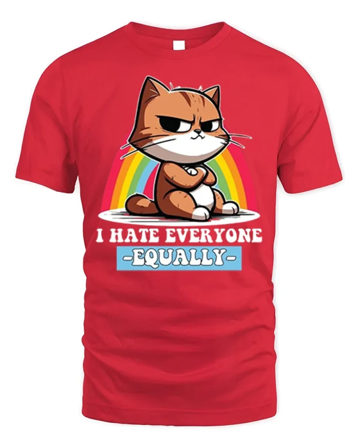 Funny Grumpy Cat I Hate Everyone Equally T-Shirt - red t-shirt on white background