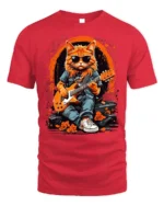 Cool Rock Guitar Cat with Shades Graphic T-Shirt - red t-shirt on white background