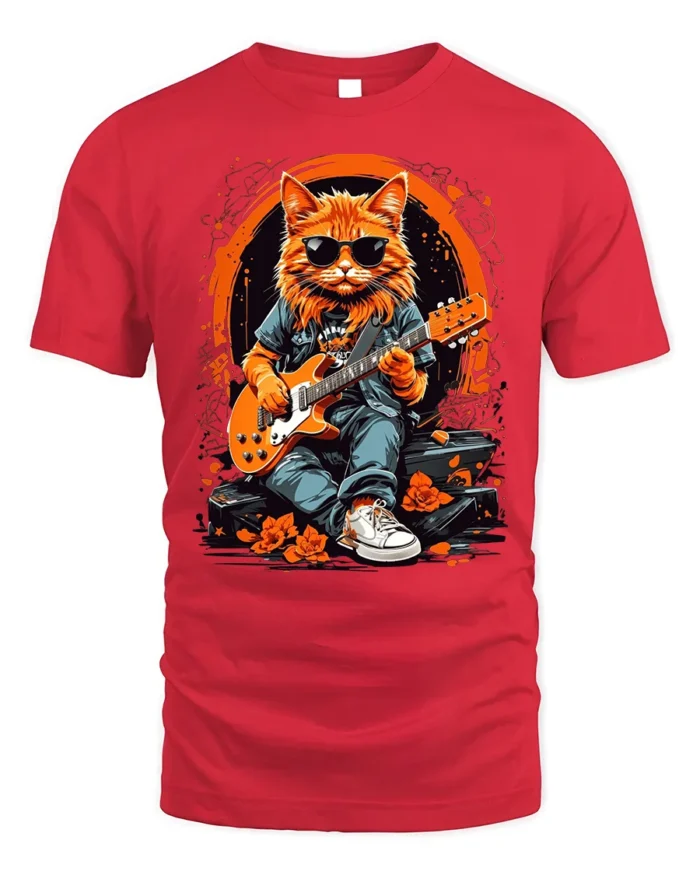 Cool Rock Guitar Cat with Shades Graphic T-Shirt - red t-shirt on white background