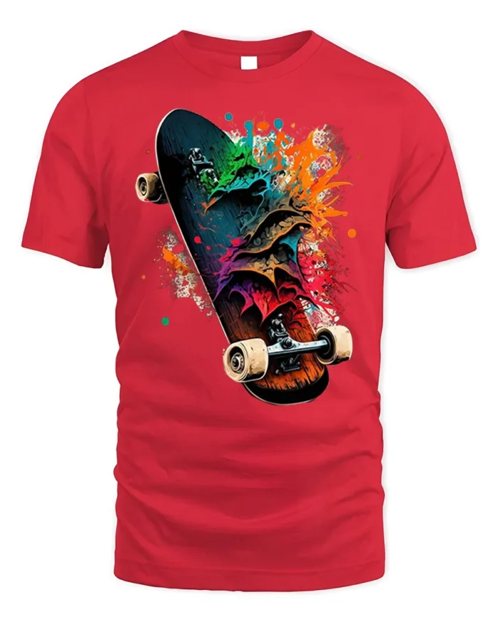 Colorful Skateboard Splash Art Graphic T-Shirt - red t-shirt on white background