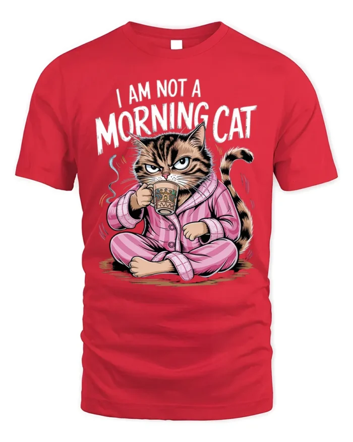Funny Grumpy Cat Not a Morning Coffee T-Shirt - red t-shirt on white background