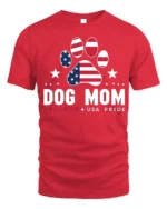 Patriotic Dog Mom USA Flag Paw Print Graphic T-Shirt - red t-shirt on white background