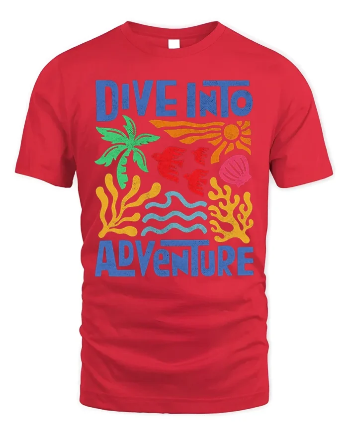 Dive Into Adventure Ocean Graphic Printed T-Shirt - red t-shirt on white background