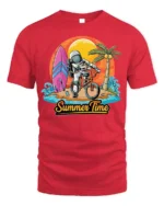 Astronaut Summer Time Surf and Bike Graphic T-Shirt - red t-shirt on white background