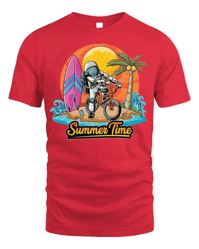 Astronaut Summer Time Surf and Bike Graphic T-Shirt - red t-shirt on white background