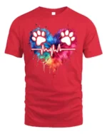 Colorful Paw Heartbeat Pet Lover Graphic T-Shirt - red t-shirt on white background