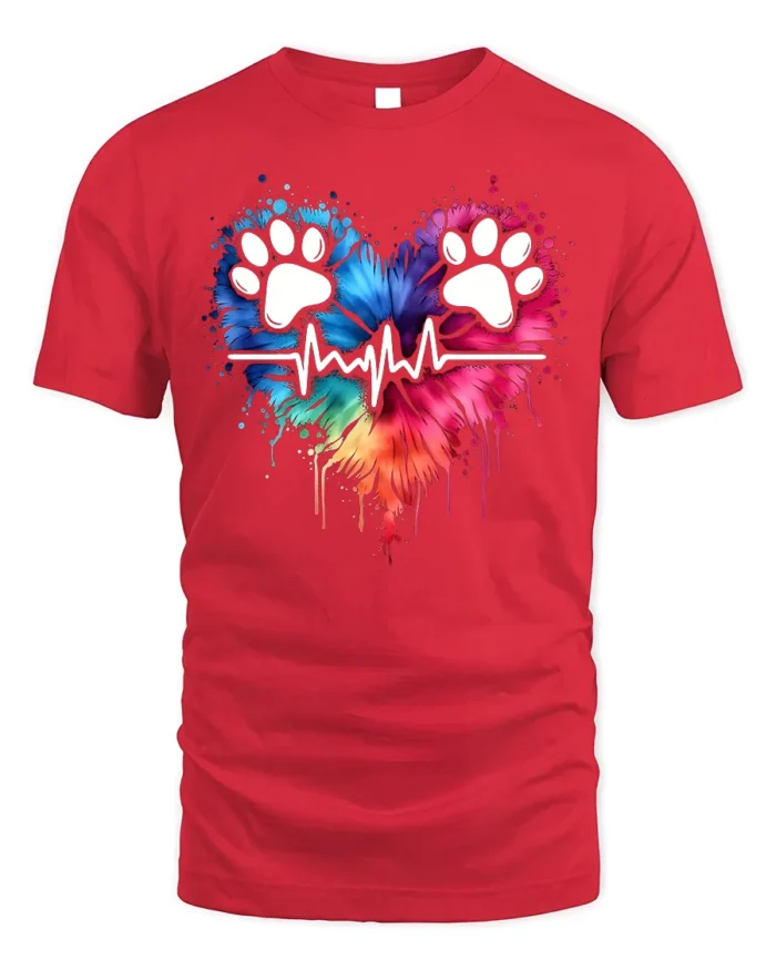 Colorful Paw Heartbeat Pet Lover Graphic T-Shirt - red t-shirt on white background